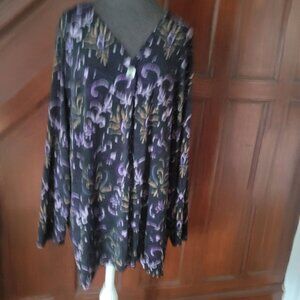 CJ Banks Womens 3X Long Sleeve Button-Up Cardigan Black & Purple Pattern Polyest